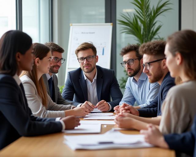 A diverse team of HR professionals brainstorming around a table, showcasing collaboration.